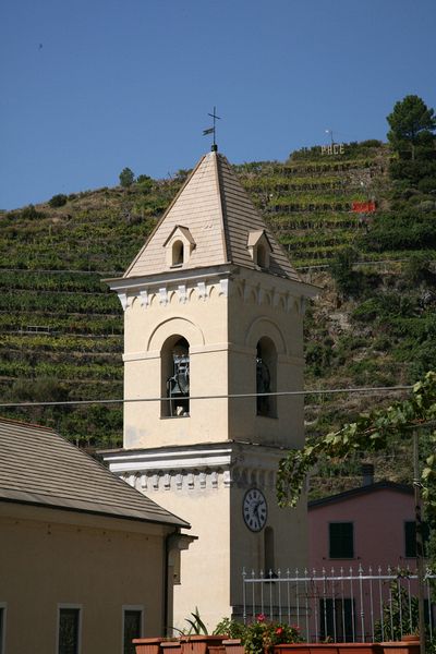 Bell tower at Manarolo, with the 'Vineyard Walk' in the background.