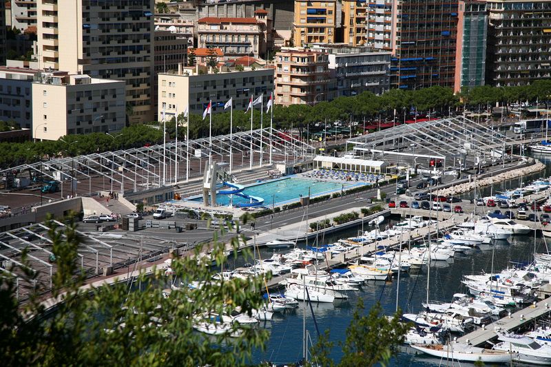 Main swimming pool in Monaco with the ractrack in front and just behind the row of trees.