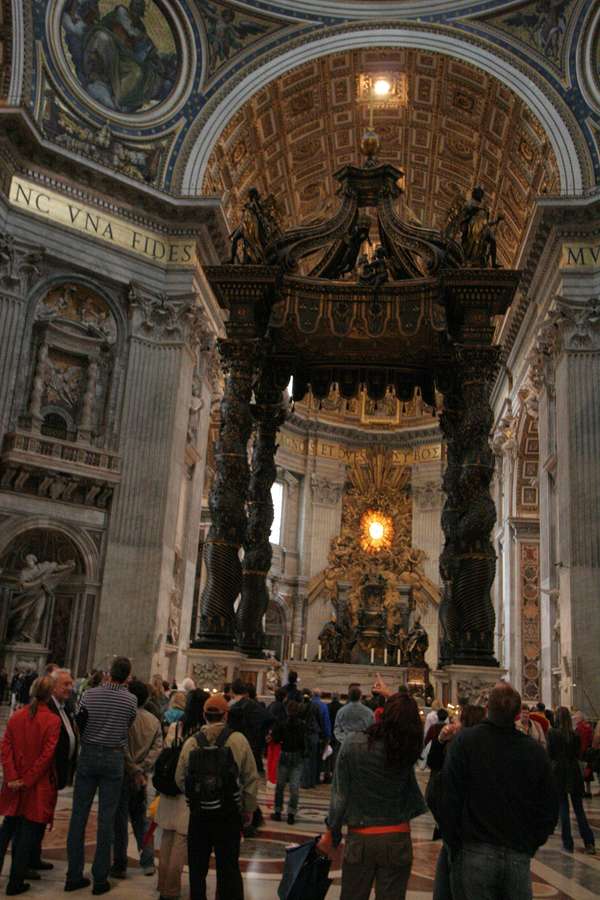 Bernini's 70 foot tall bronze main altar and canopy, directly over St. Peter's tomb