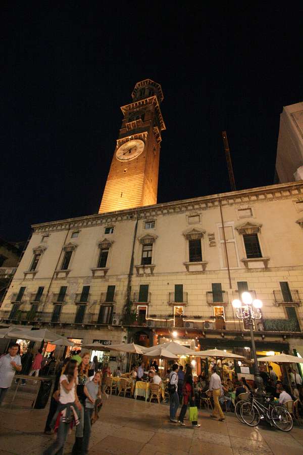 Main Clock Tower in Piazza Erb at night